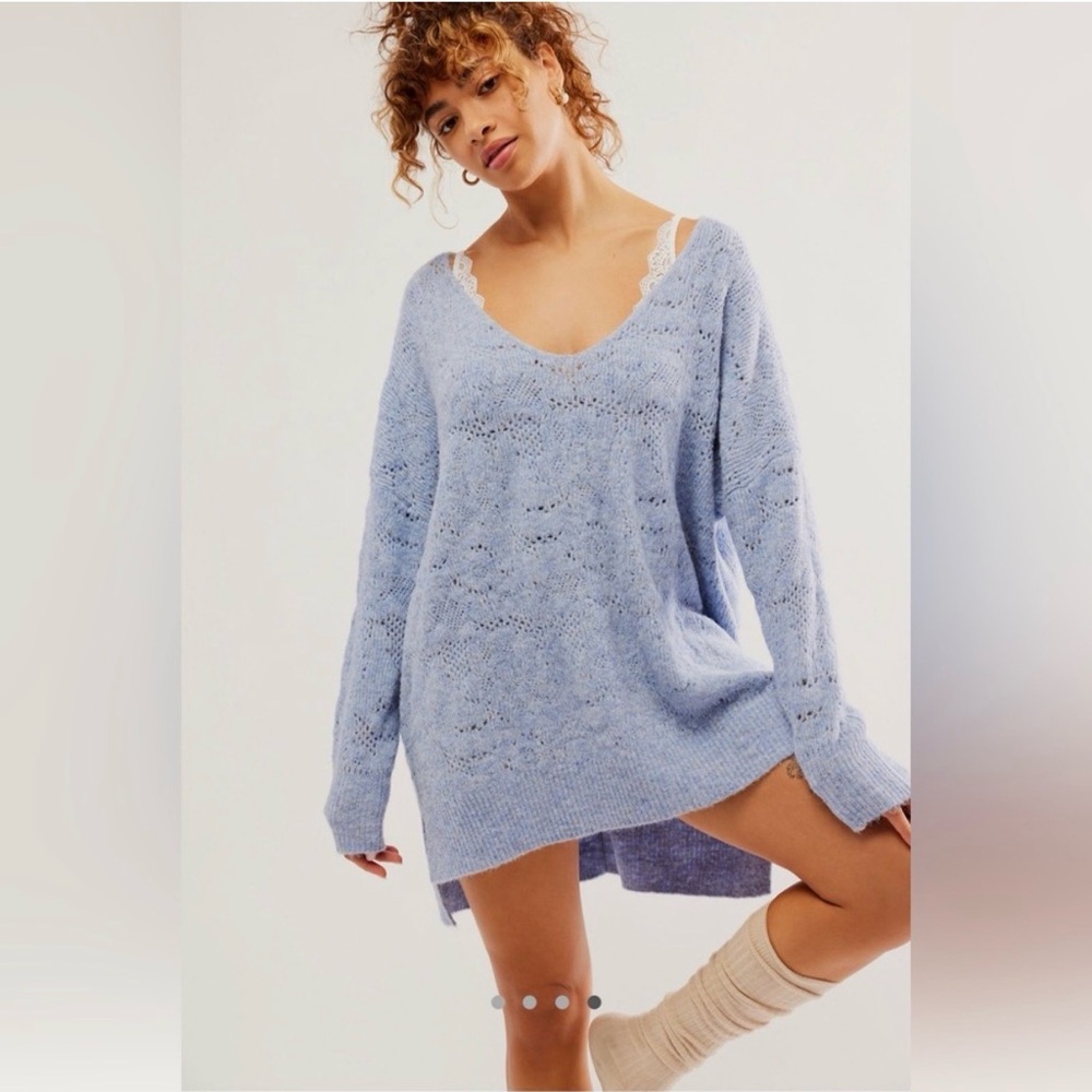 Free People NWT C.O.Z.Y Pointelle Sweater, Periwinkle Blue
